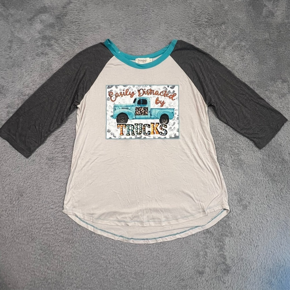 Southern Grace Womens L Raglan Graphic Tee Easily Distracted By Trucks Y2K Style